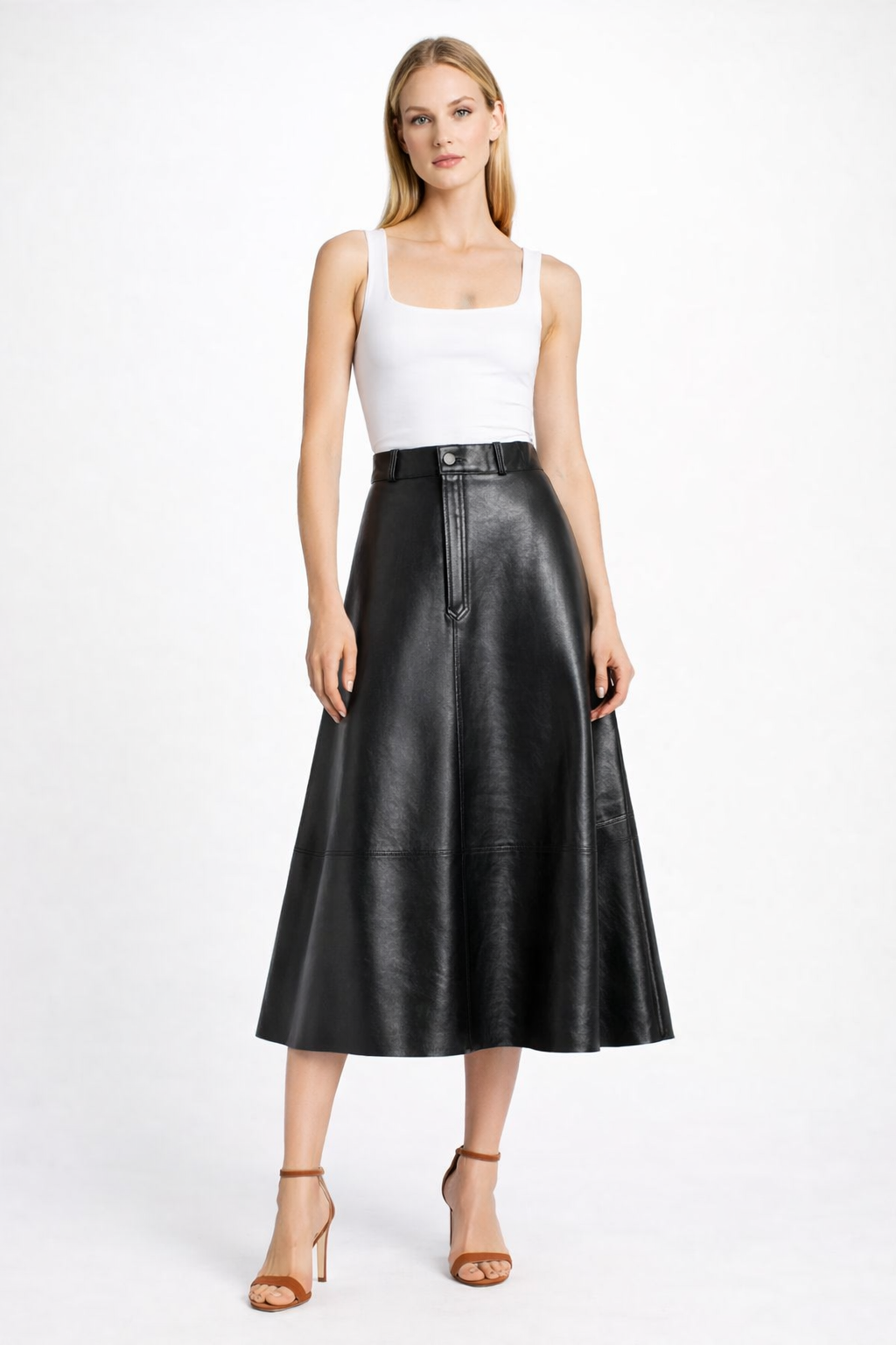 Women's Lambskin Leather A-Line Midi Skirt - Front