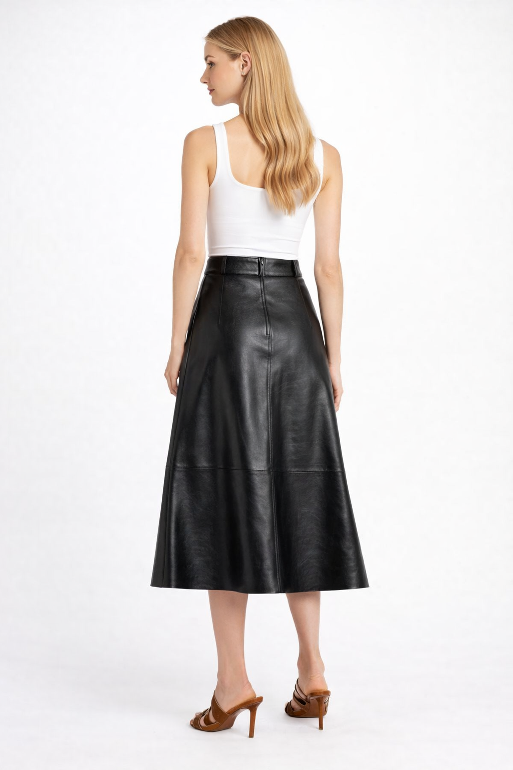 Women's Lambskin Leather A-Line Midi Skirt - Left