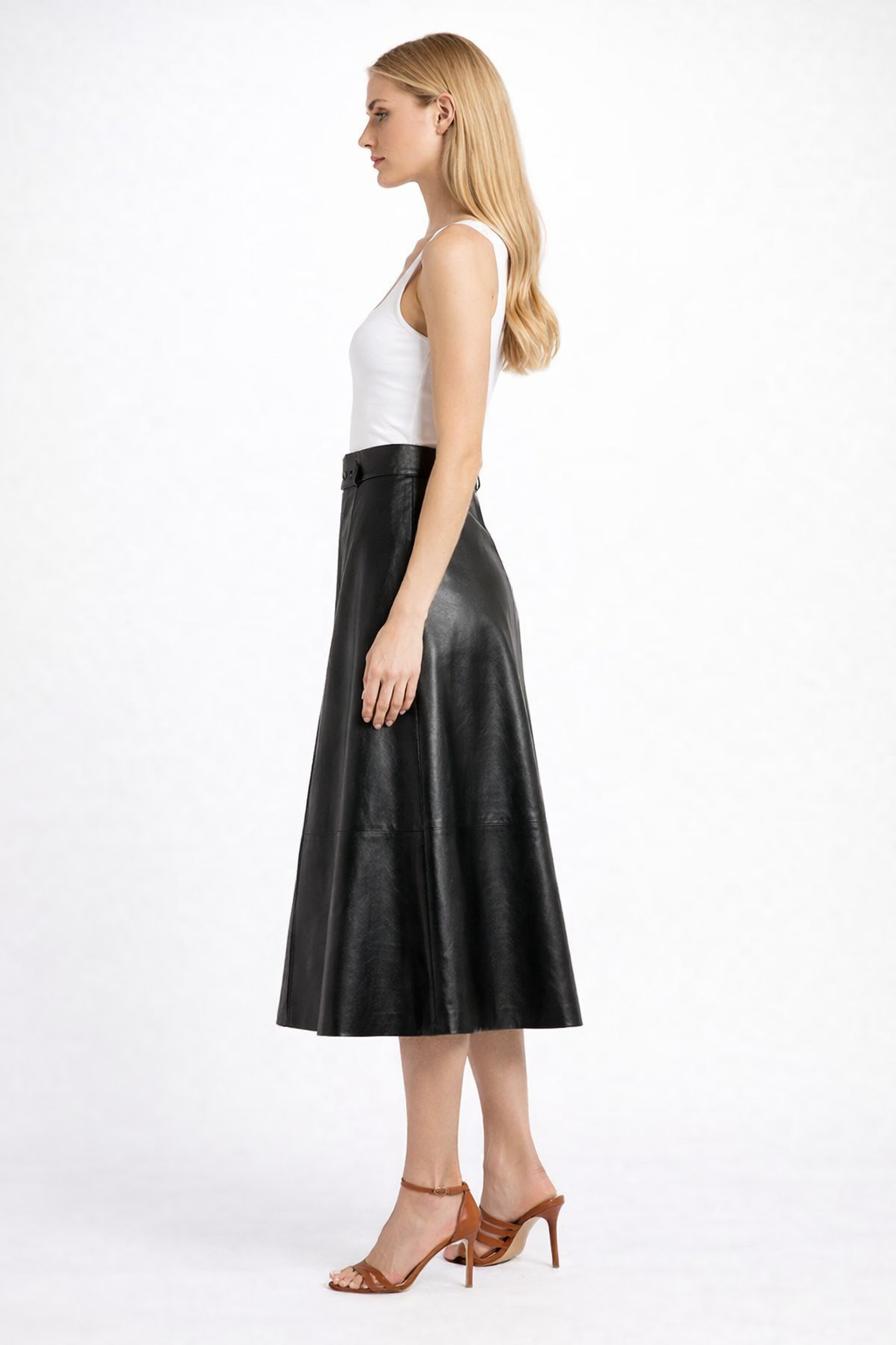 Women's Lambskin Leather A-Line Midi Skirt - Back