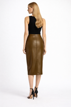 Women's Khaki Vegan Leather Pencil Skirt - Back