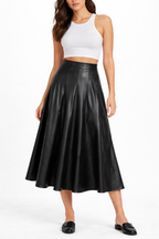 Women's Elastic Waist Leather Flare Skirt - Front