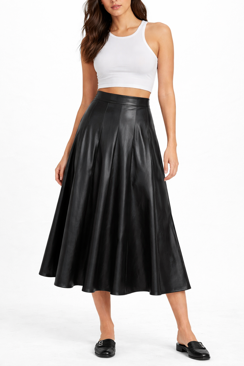 Women's Elastic Waist Leather Flare Skirt - Front