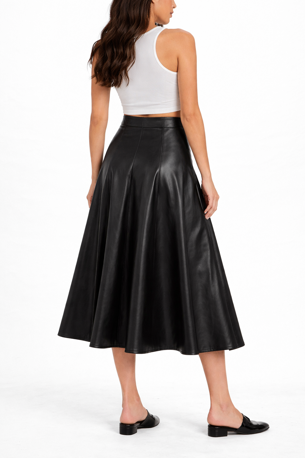 Women's Elastic Waist Leather Flare Skirt - Back