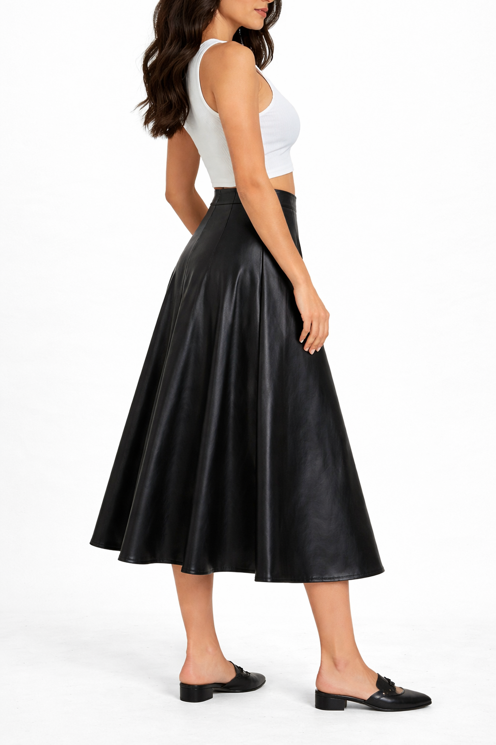 Women's Elastic Waist Leather Flare Skirt - Left