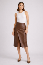 Women's Stylish Brown Leather Skirt - Front