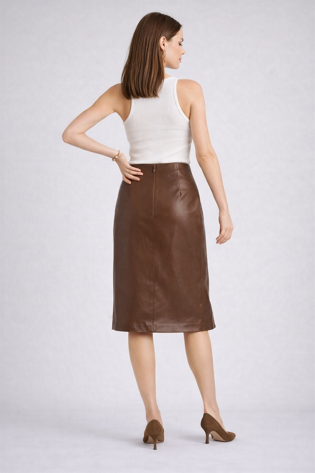Women's Stylish Brown Leather Skirt - Left