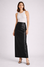 Women's Black PU Leather Maxi Skirt - Front