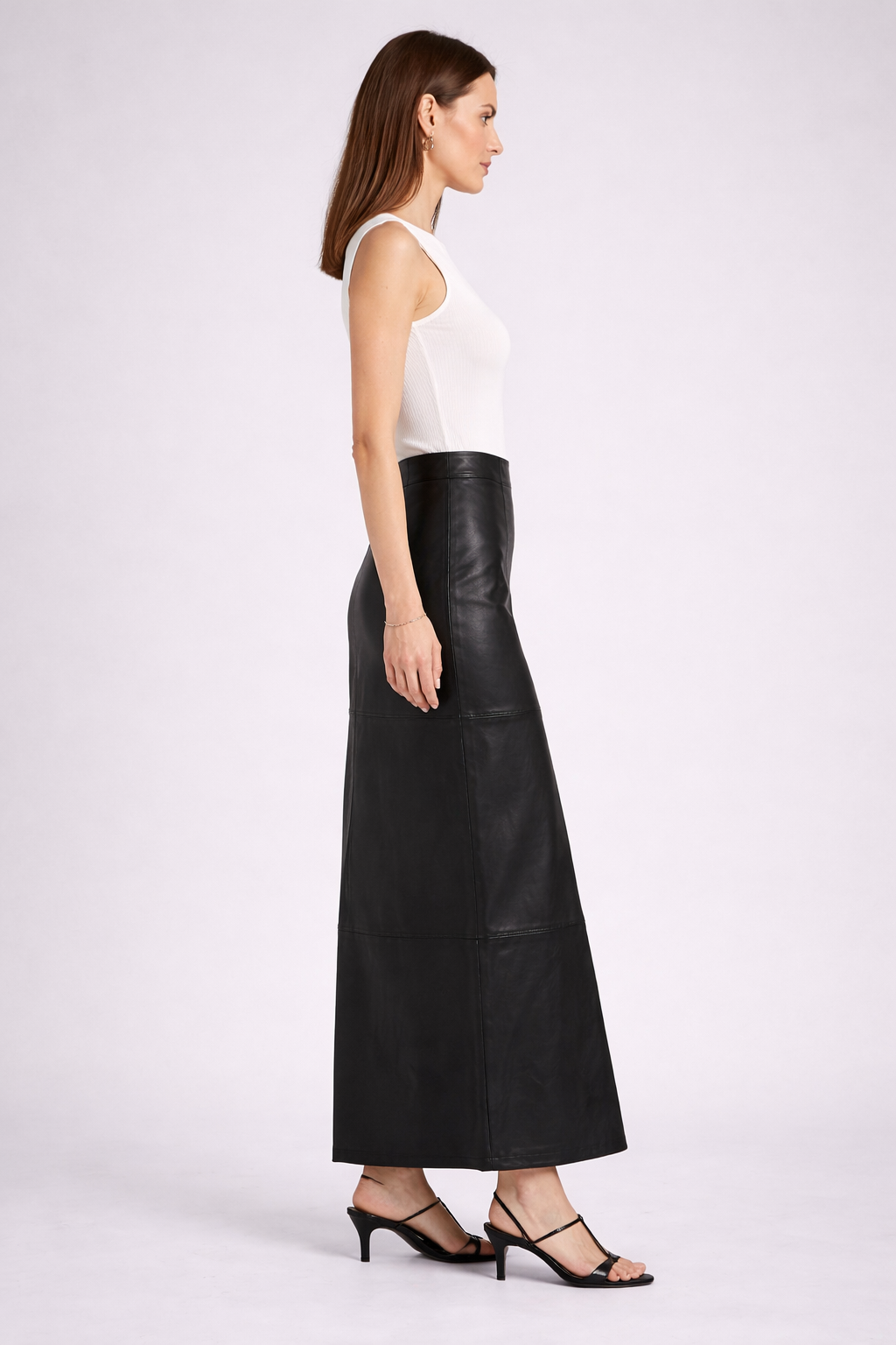 Women's Black PU Leather Maxi Skirt - Left