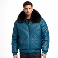 Teal Fur V-Bomber Leather Jacket - Front