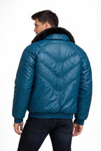 Teal Fur V-Bomber Leather Jacket - Back