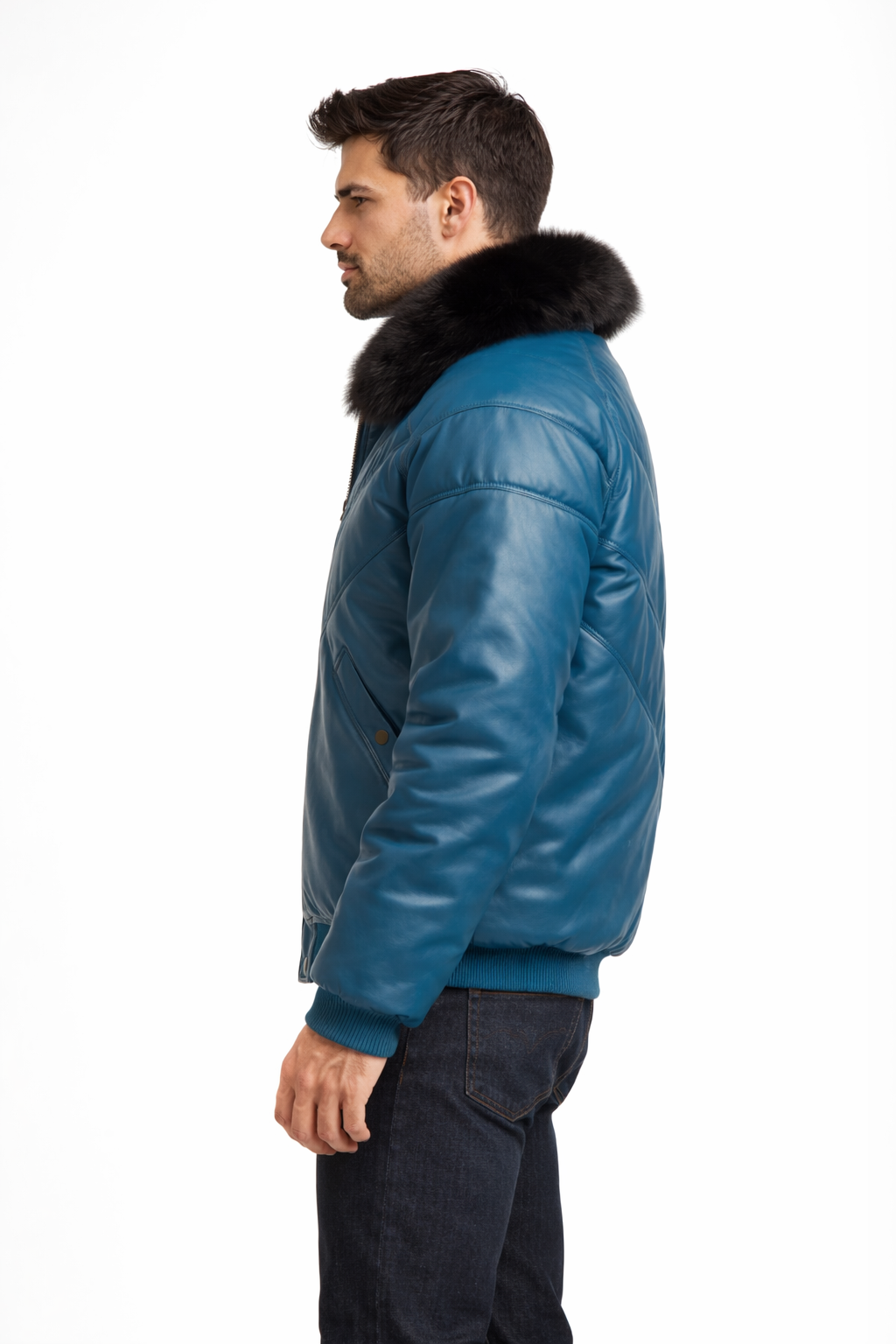 Teal Fur V-Bomber Leather Jacket - Left