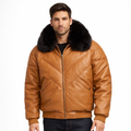 Brown V-Bomber Leather Jacket for Men - Front