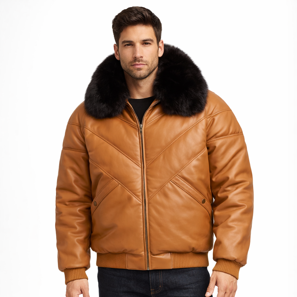 Brown V-Bomber Leather Jacket for Men - Front