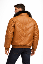 Brown V-Bomber Leather Jacket for Men - Back