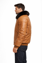 Brown V-Bomber Leather Jacket for Men - Left