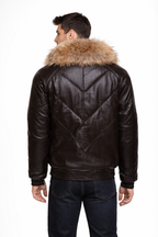 V-Bomber Brown Leather Puffer Jacket - Back
