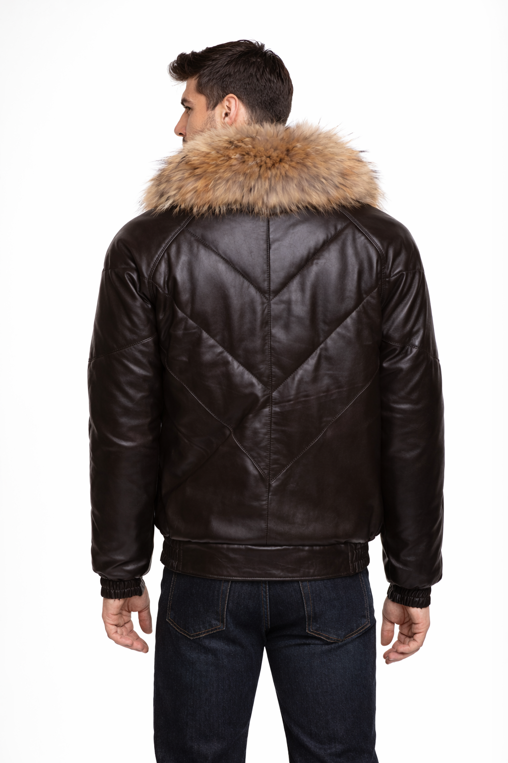 V-Bomber Brown Leather Puffer Jacket - Back