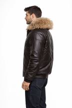 V-Bomber Brown Leather Puffer Jacket - Left