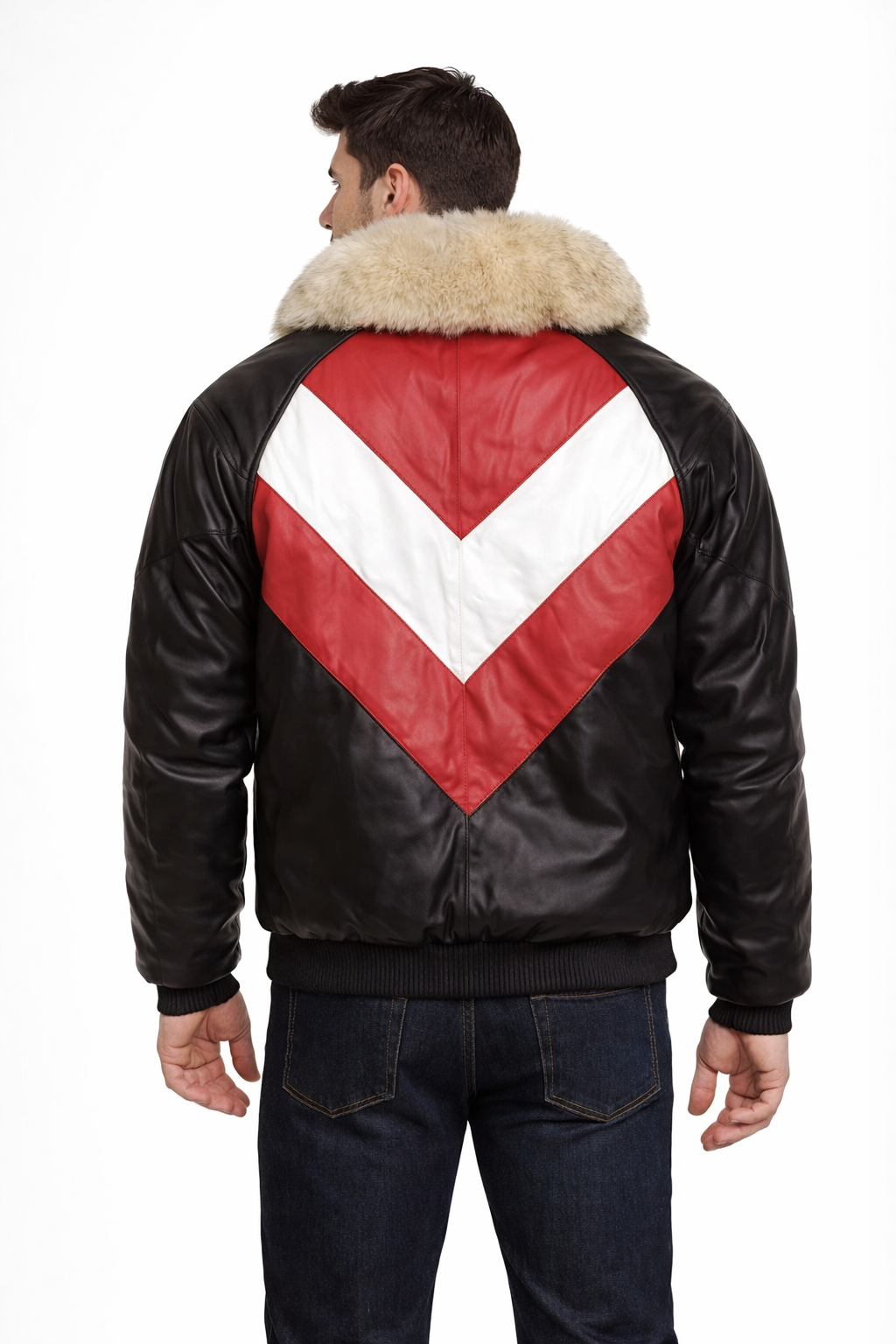 Men's Leather V-Bomber Jacket - Back