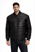 Men's Black Diamond Quilted Leather Jacket - Front