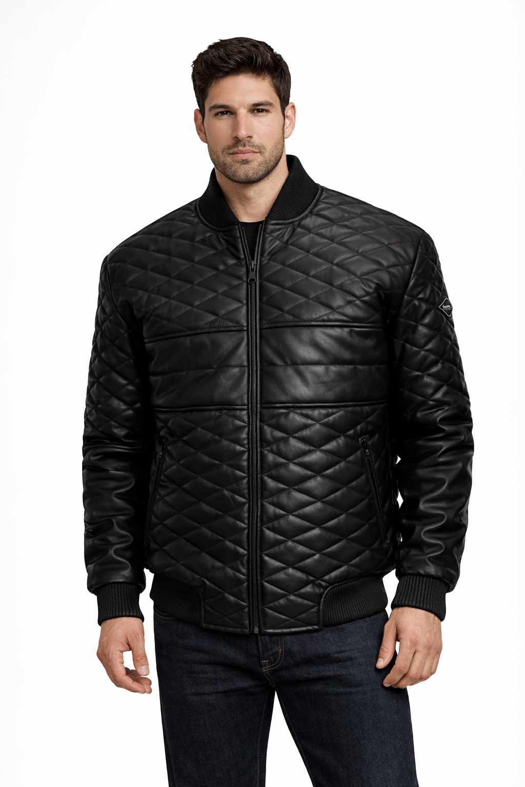 Men's Black Diamond Quilted Leather Jacket - Front