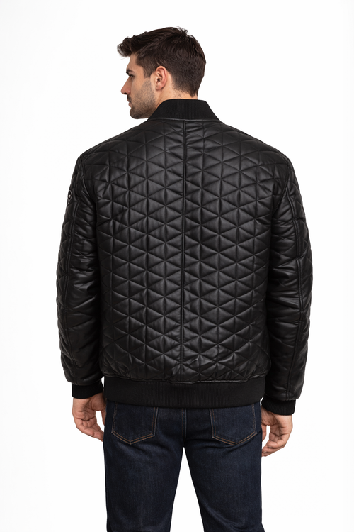 Men's Black Diamond Quilted Leather Jacket - Back
