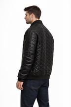 Men's Black Diamond Quilted Leather Jacket - Left