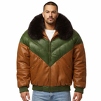 Men's V-Bomber Leather Puffer Jacket with Fox Fur - Front