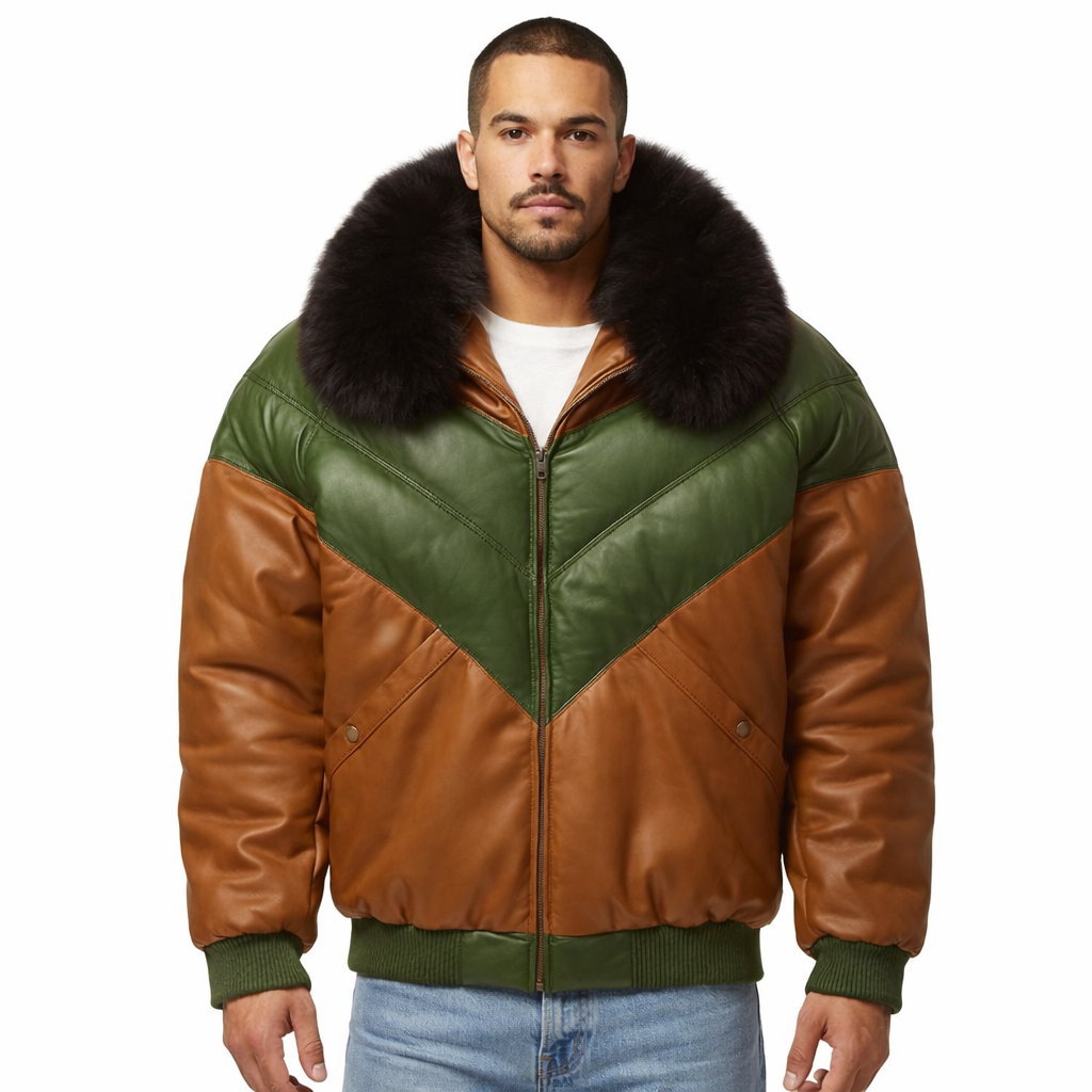 Men's V-Bomber Leather Puffer Jacket with Fox Fur - Front