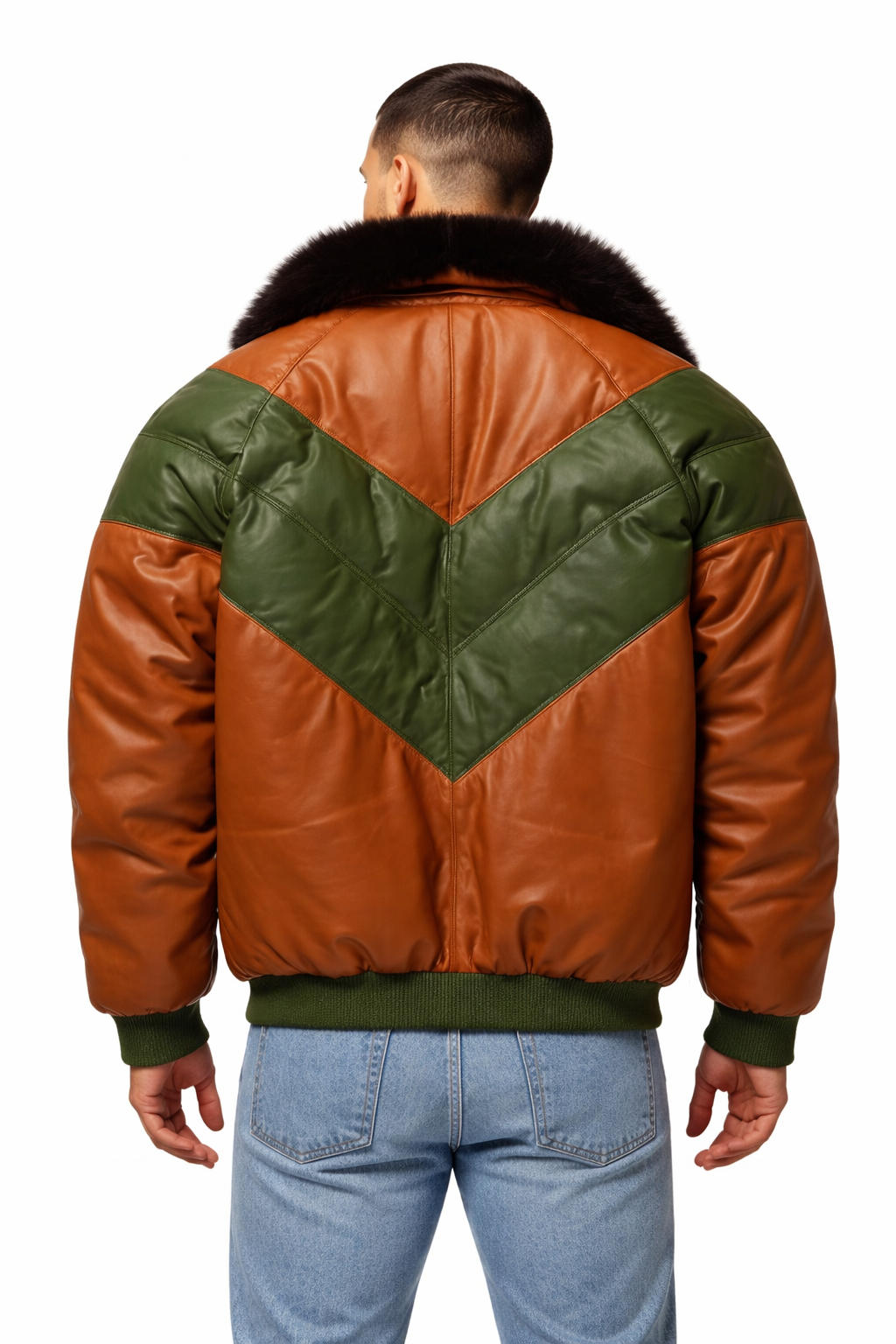 Men's V-Bomber Leather Puffer Jacket with Fox Fur - Back