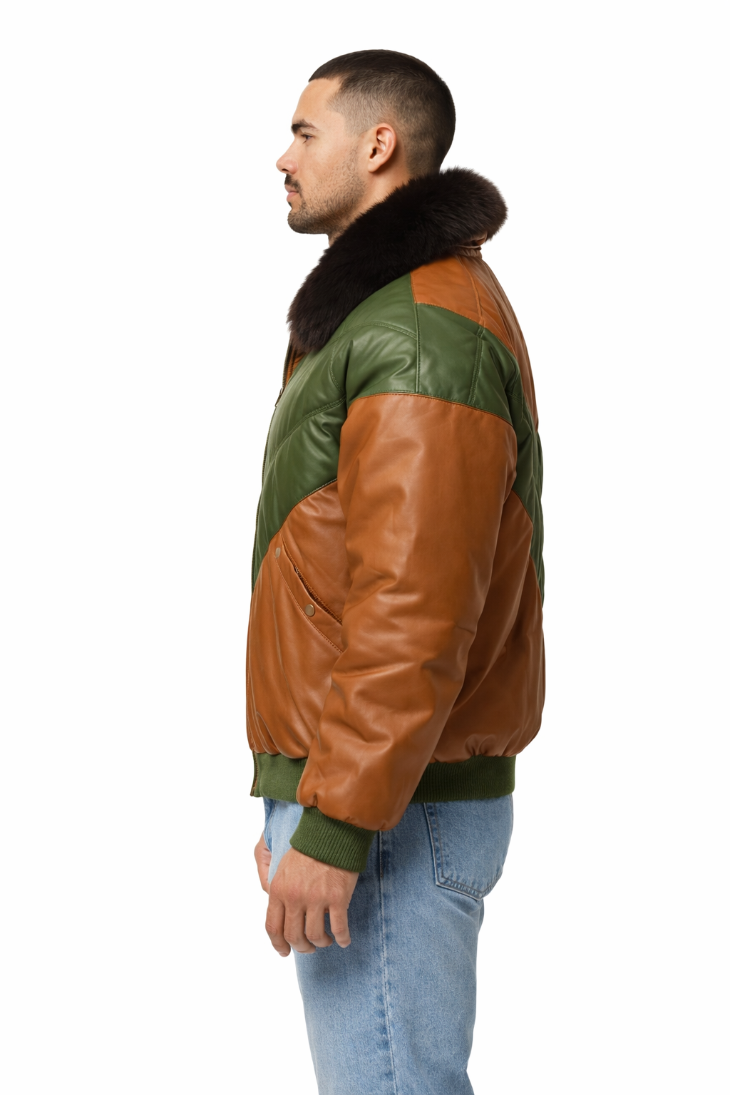 Men's V-Bomber Leather Puffer Jacket with Fox Fur - Left