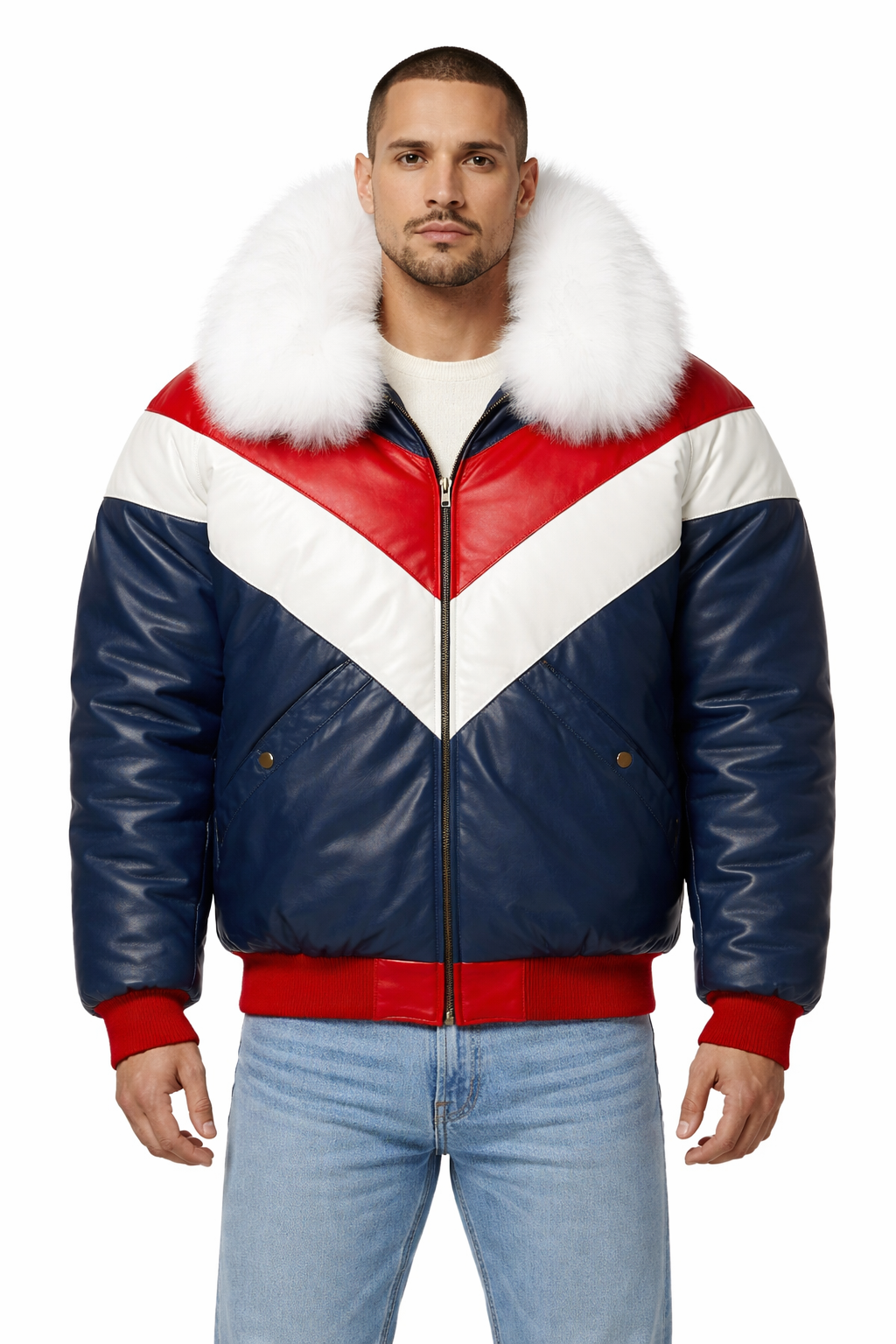 Shearling Collar Leather Jacket for Men - Front
