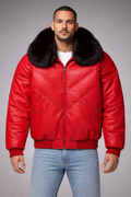 Red V-Bomber Leather Jacket - Front