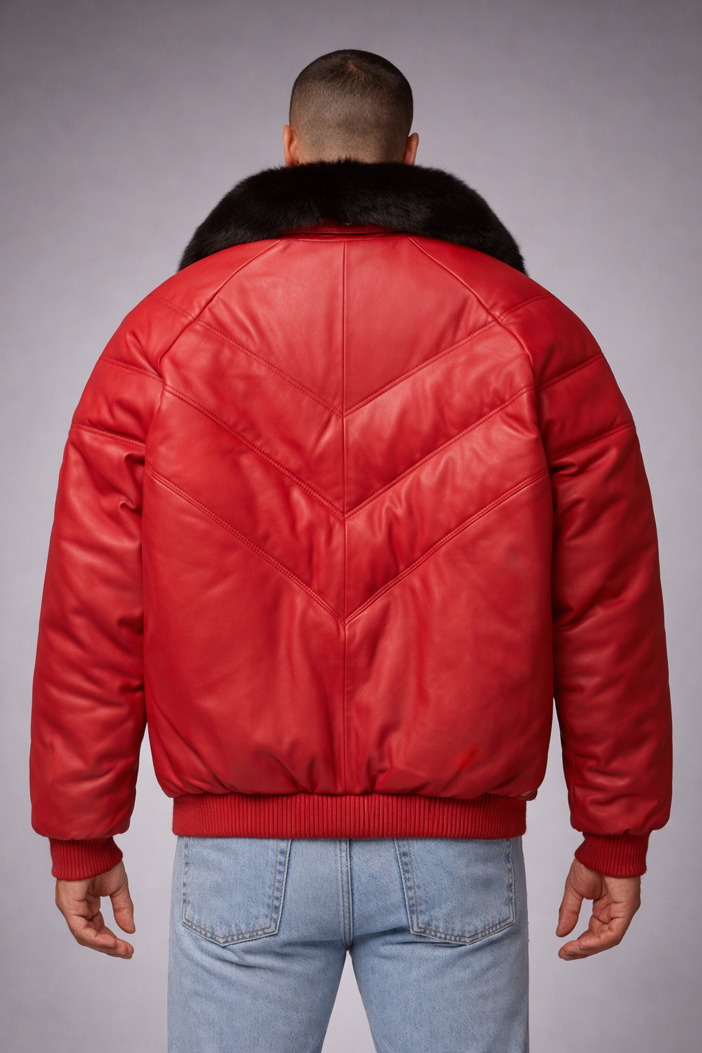 Red V-Bomber Leather Jacket - Back