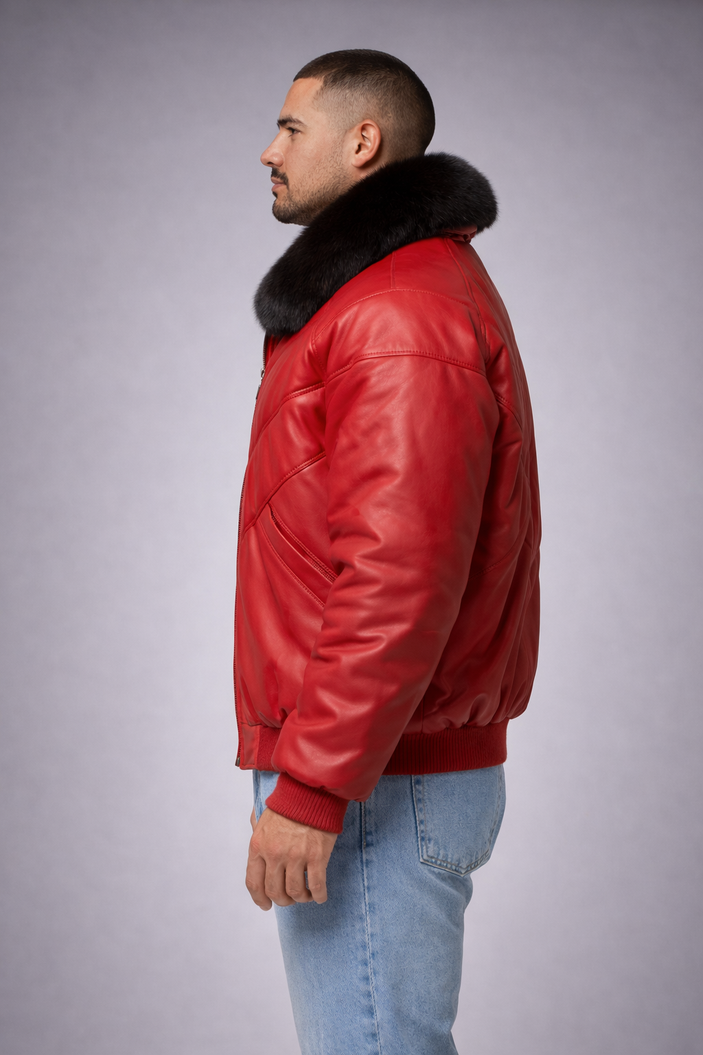 Red V-Bomber Leather Jacket - Left