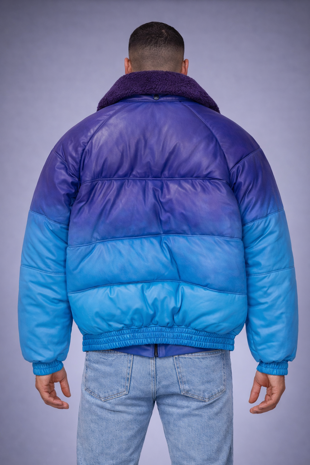Teal Leather V-Bomber Jacket - Back