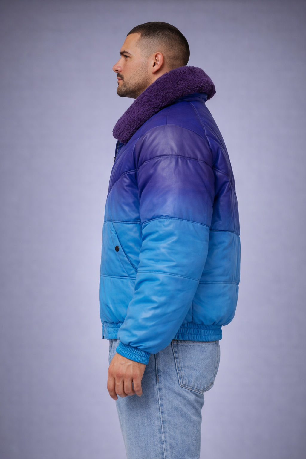 Teal Leather V-Bomber Jacket - Left
