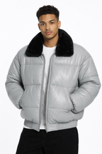 Men's Light Grey V-Bomber Leather Jacket - Front