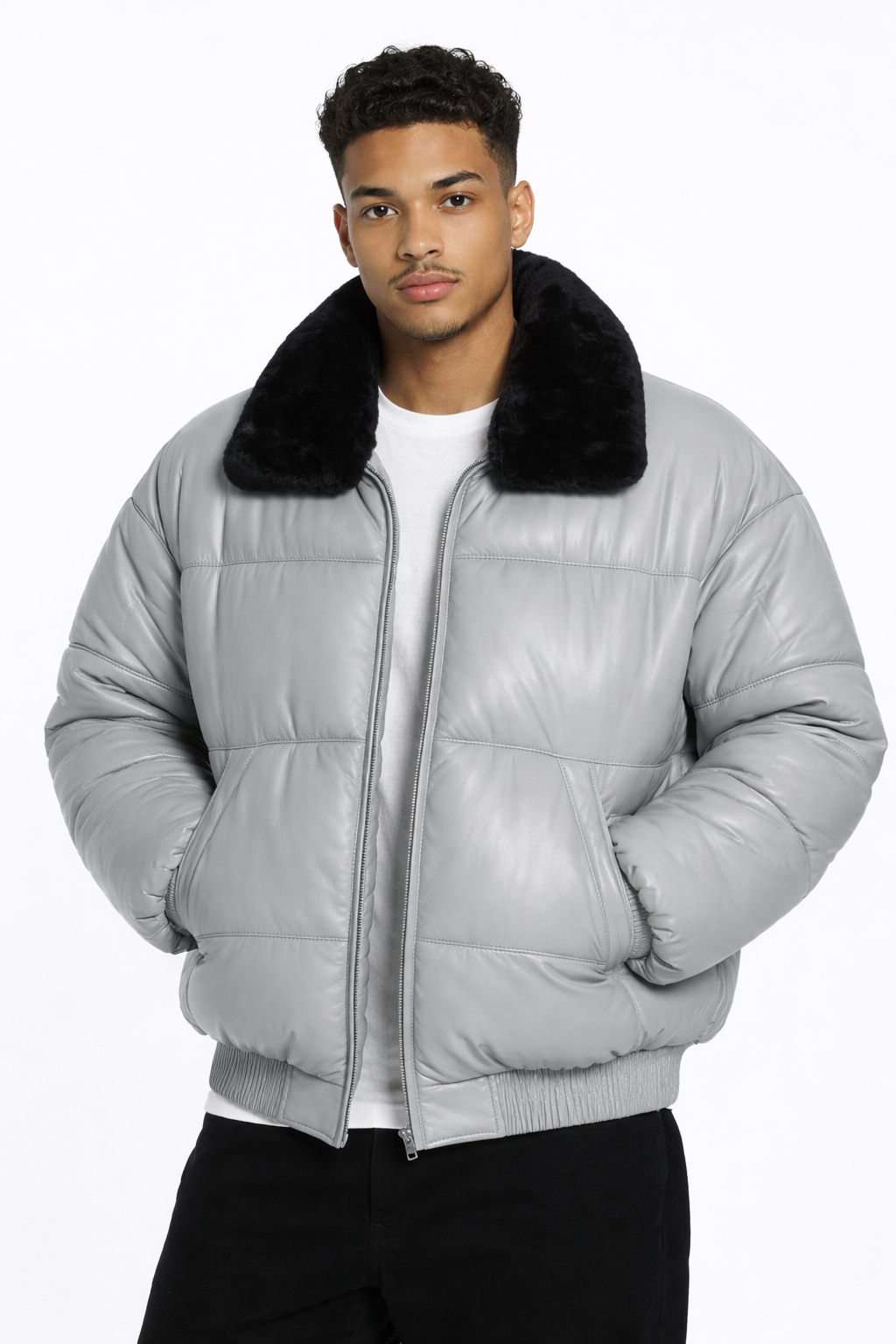 Men's Light Grey V-Bomber Leather Jacket - Front