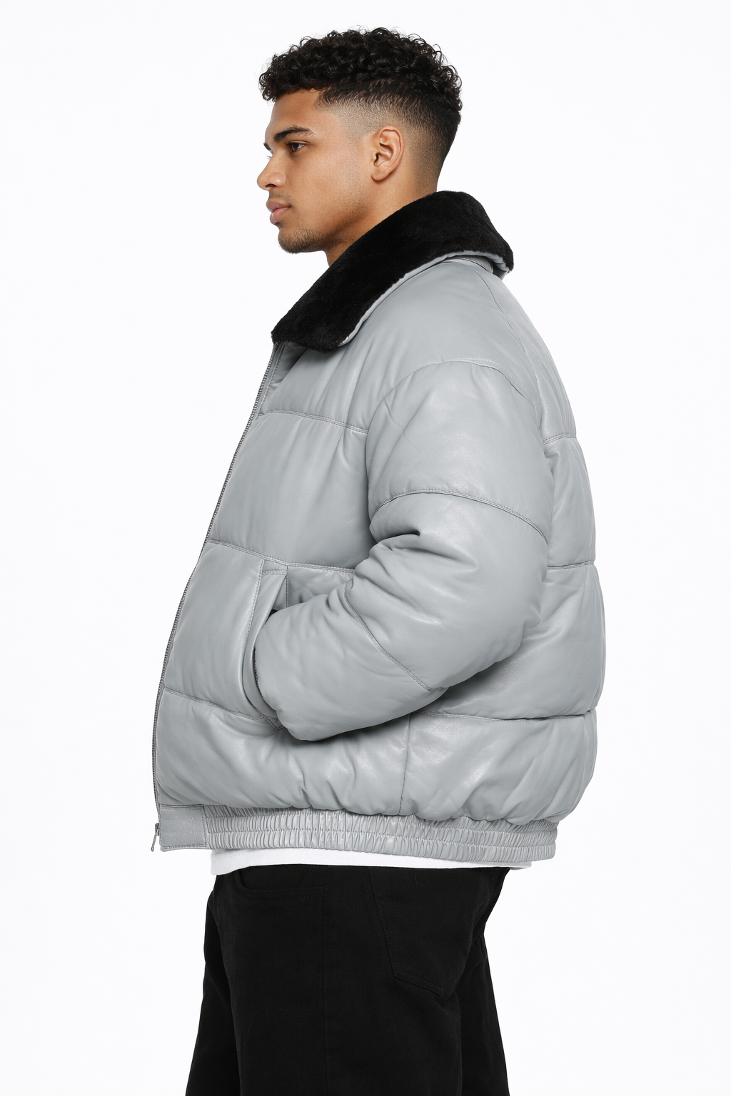 Men's Light Grey V-Bomber Leather Jacket - Back