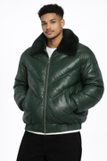 Men's Green Puff V-Bomber Leather Jacket - Front