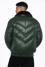 Men's Green Puff V-Bomber Leather Jacket - Left