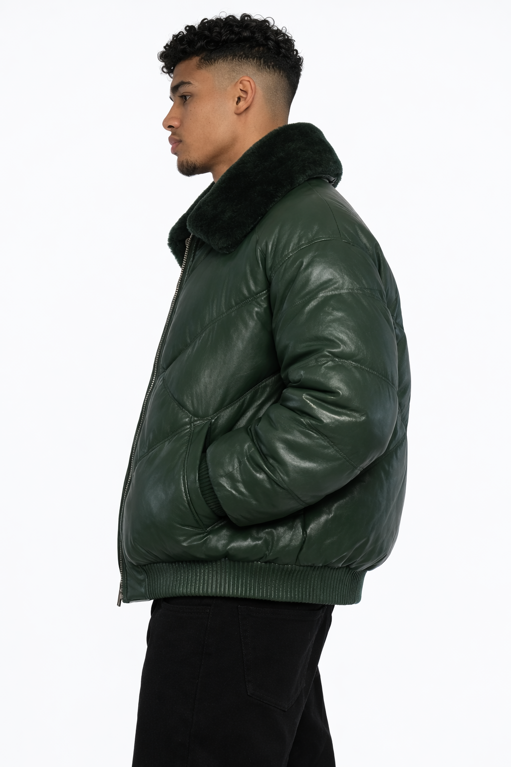 Men's Green Puff V-Bomber Leather Jacket - Back