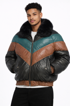 Men's Leather V-Bomber Jacket With Fur Collar - Front