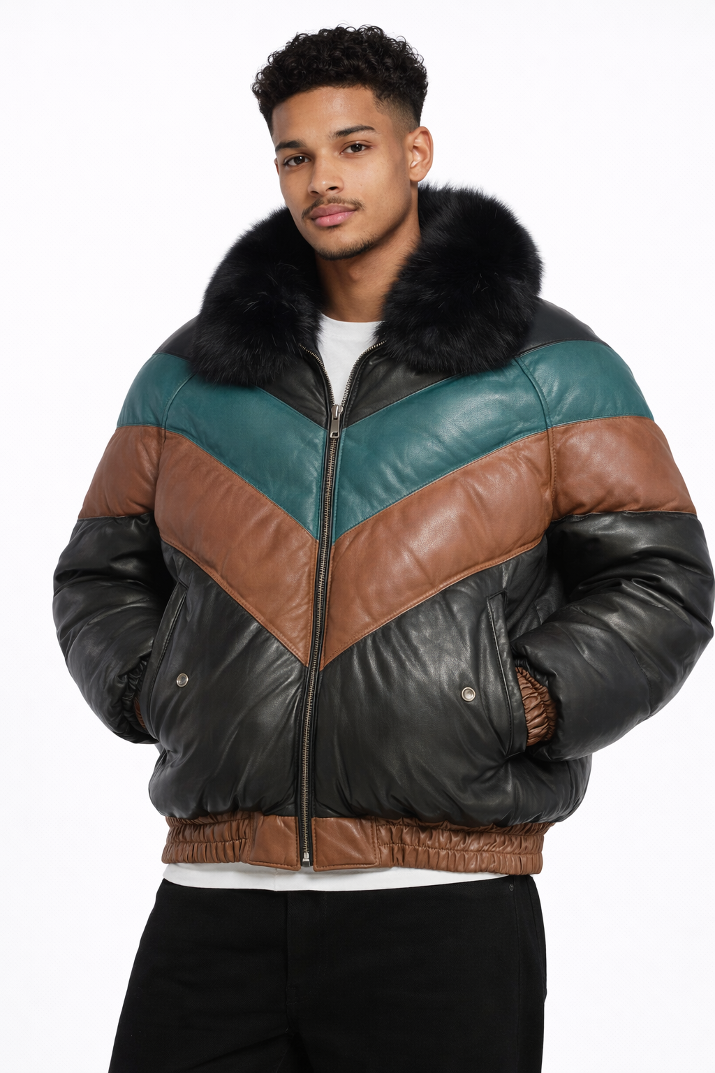 Men's Leather V-Bomber Jacket With Fur Collar - Front