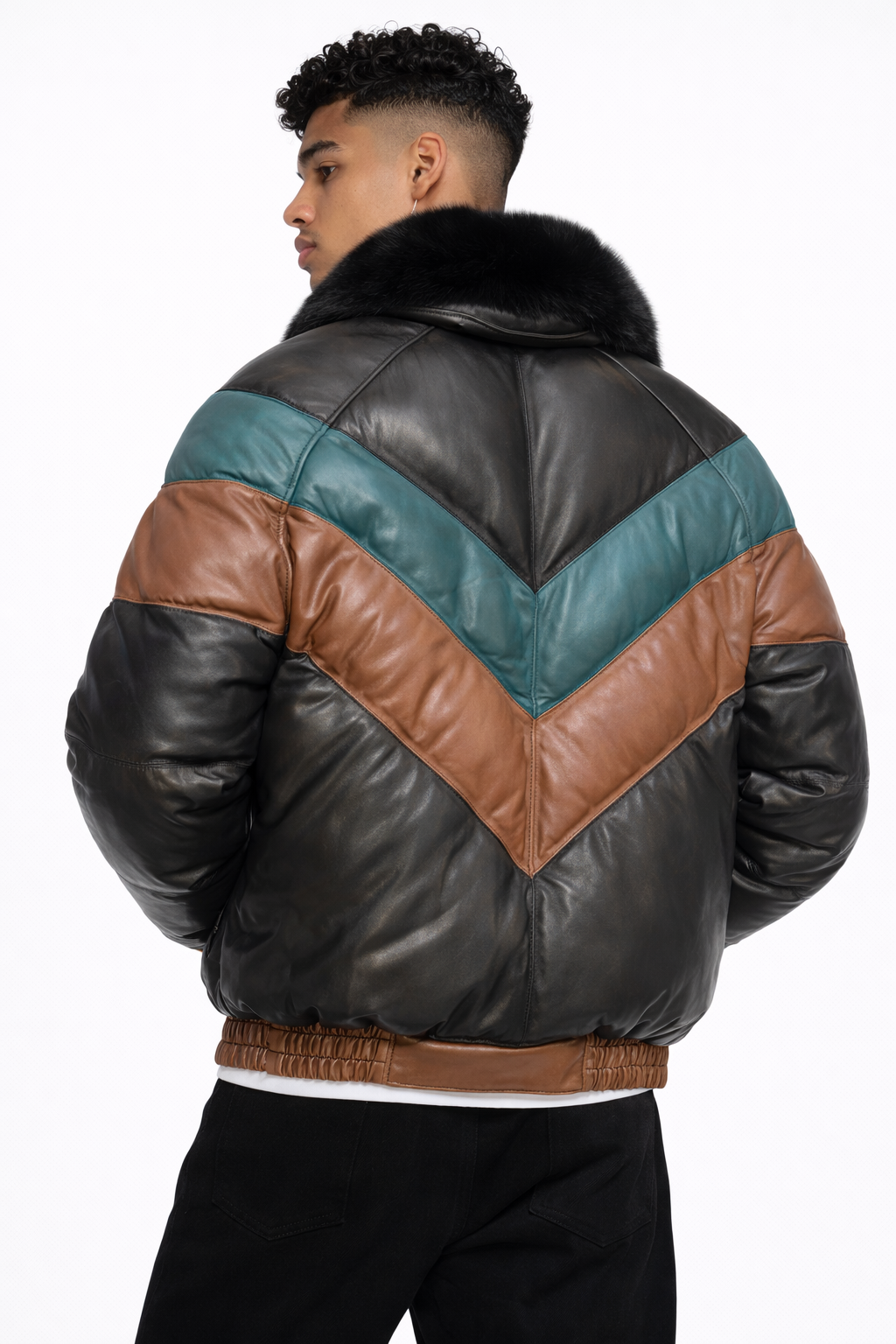 Men's Leather V-Bomber Jacket With Fur Collar - Left