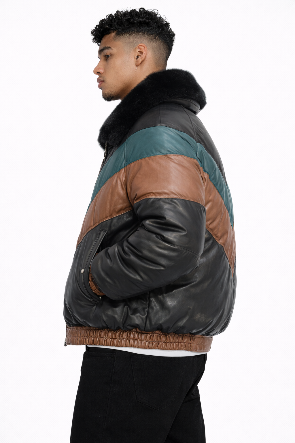 Men's Leather V-Bomber Jacket With Fur Collar - Back