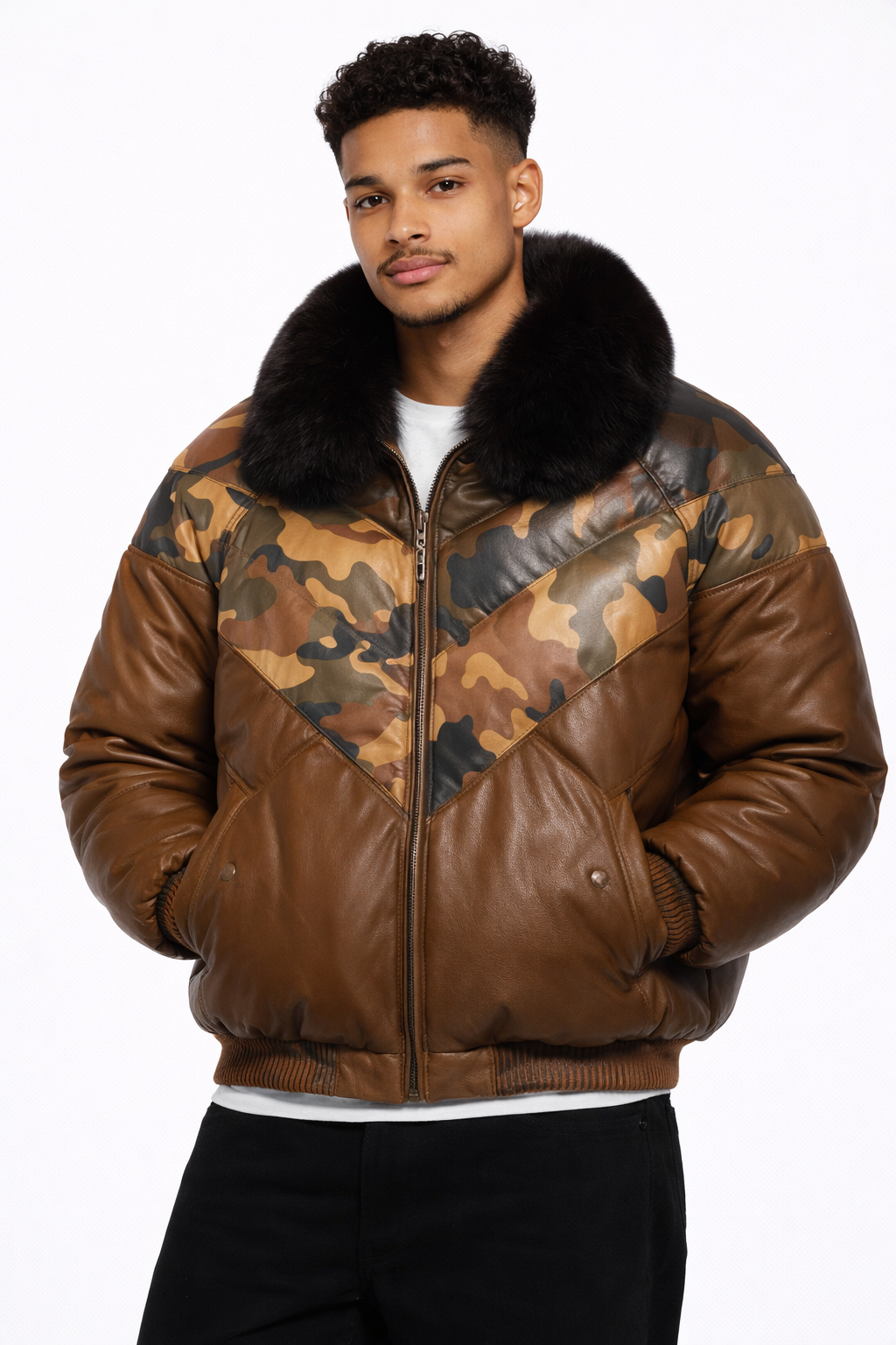 Men's Brown V-Bomber Leather Jacket - Front