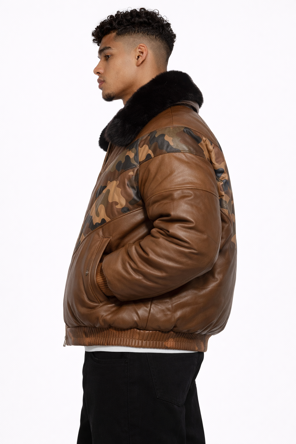 Men's Brown V-Bomber Leather Jacket - Left