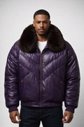 Men's Purple Leather V-Bomber Jacket - Front